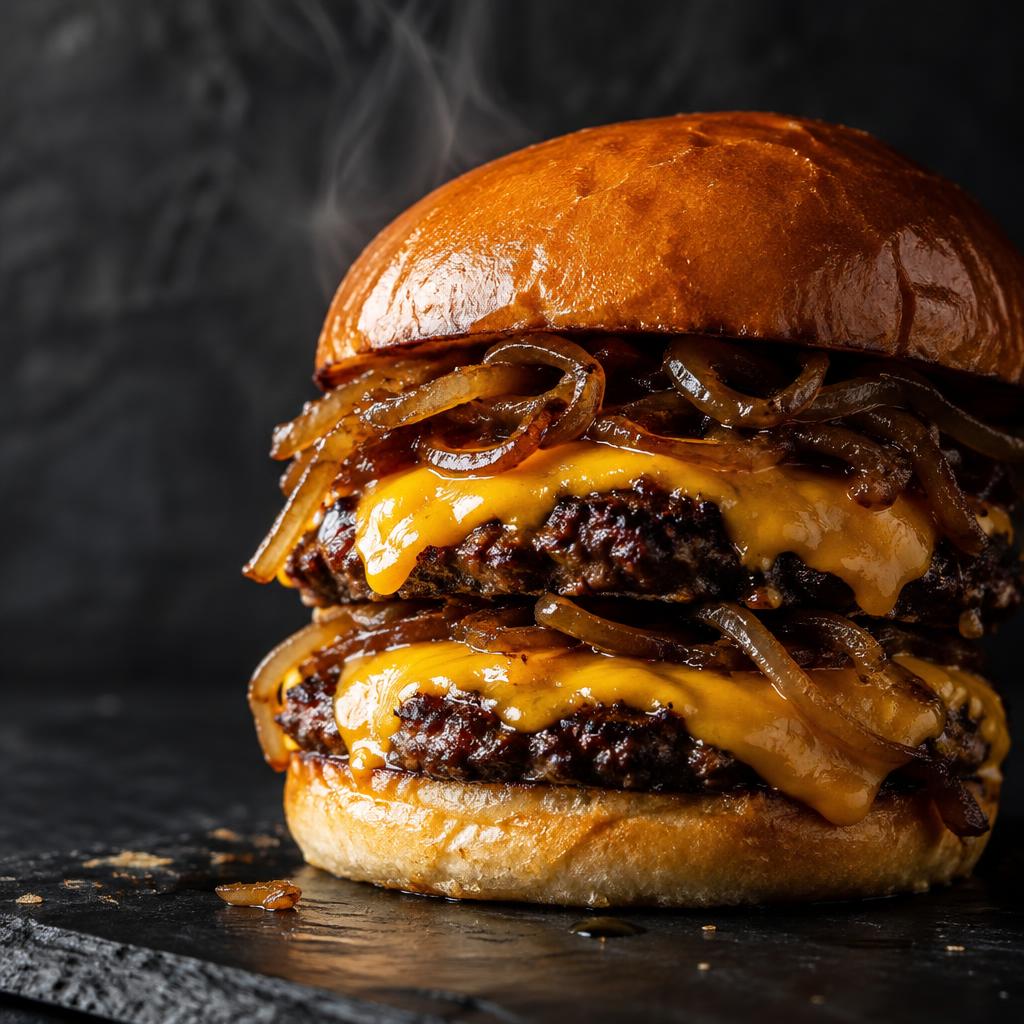Double smash burger with melted cheddar and caramelized onions