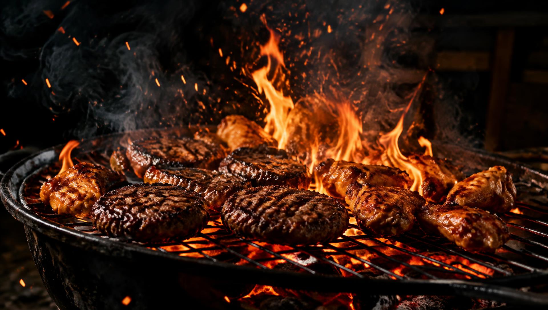 Burgers and wings sizzling over open flames on the grill